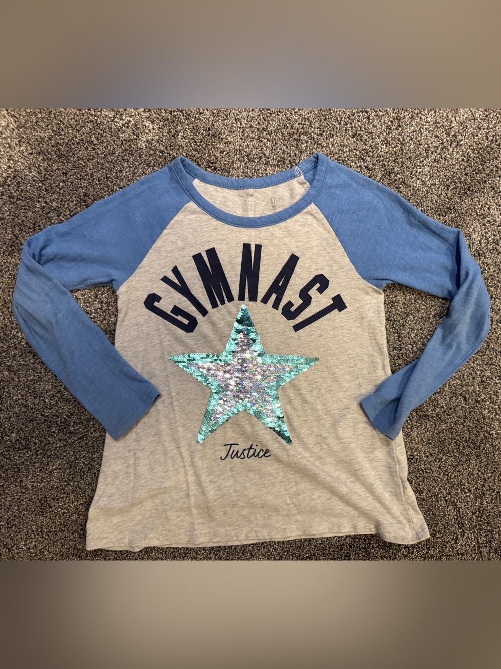 Justice Gray & Blue Raglan 'GYMNAST' Top with Sequin Star